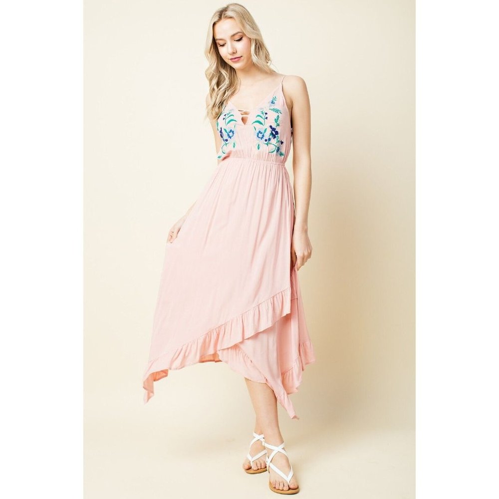 Womens Casual Sleeve less High Low Wedding Guest V-Neck Blue Midi Ruffle Dresses